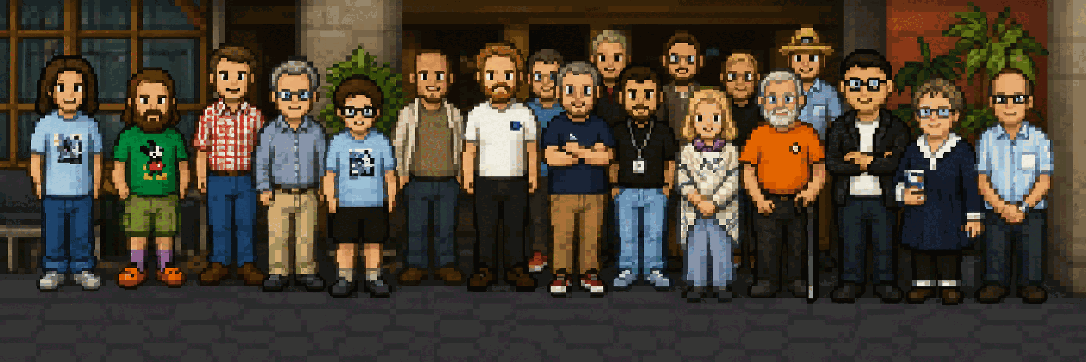 The TUG 2026 group photograph, redrawn as pixel art: nineteen attendees standing in a row in front of the conference venue.